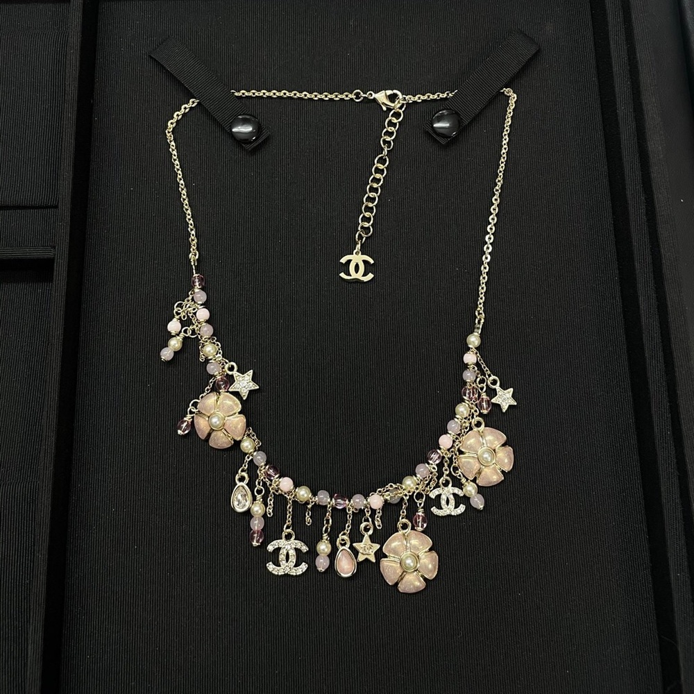 Chanel Pink Pearl Floral Charm Necklace
